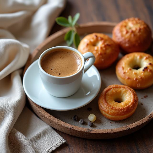 Gambar 'flat lay' secawan kopi dan pastri