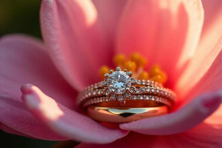 Butiran cincin perkahwinan di atas bunga